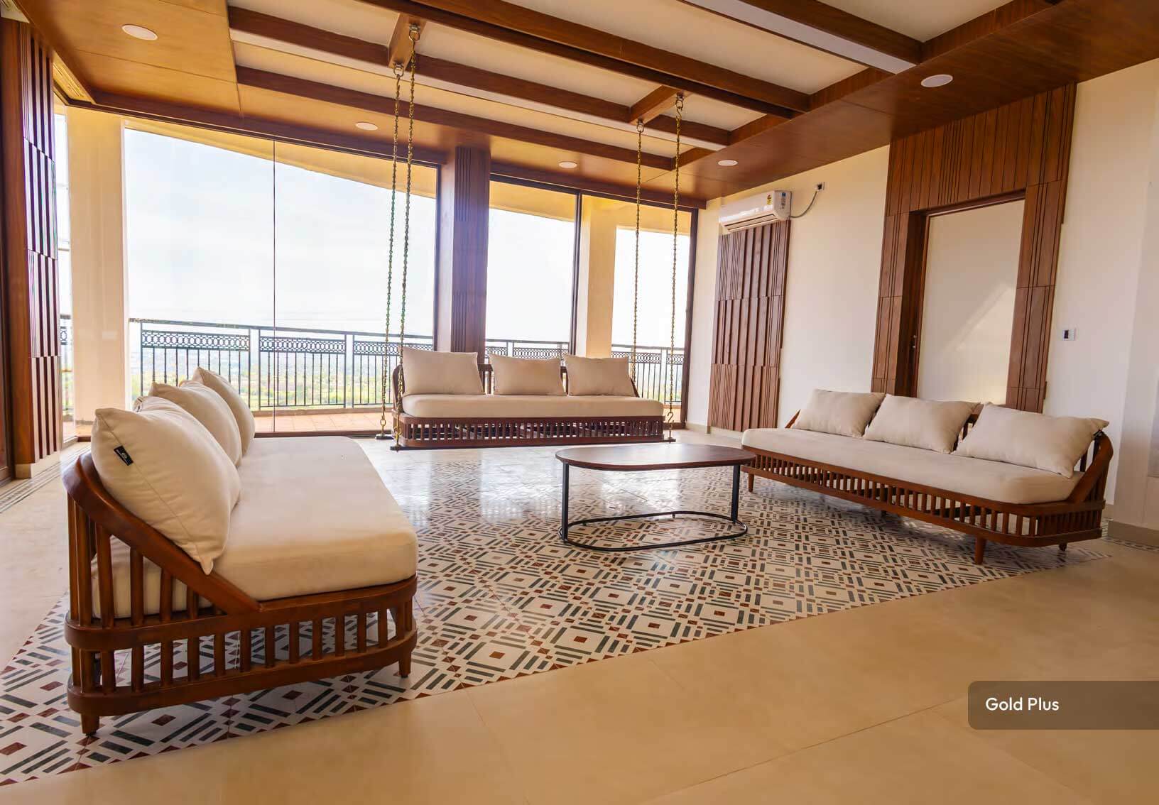 Large wooden conference table in a modern meeting room